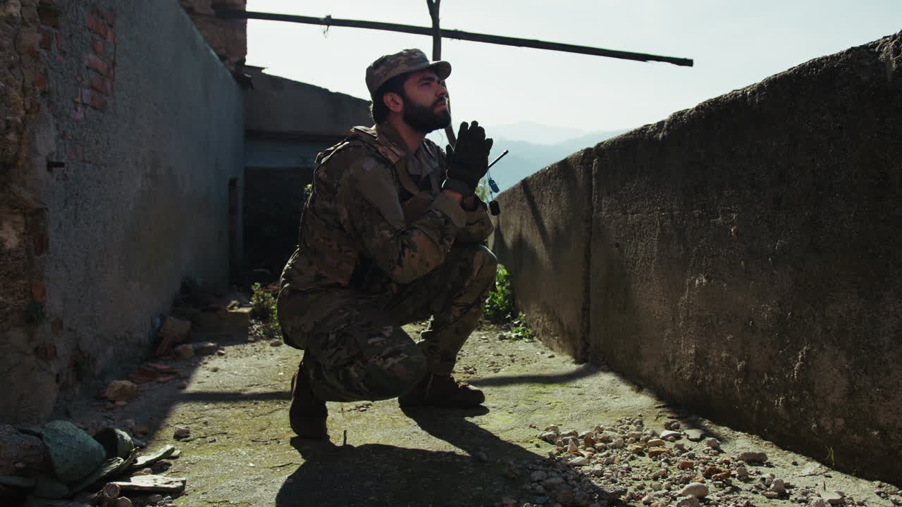 Soldier Starts Praying While Looking At The Sky During A Mission