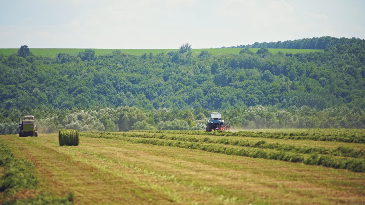 Agricultural works on the green field in summer. Tractors harvesting grass for livestock on the natural background of farmland.