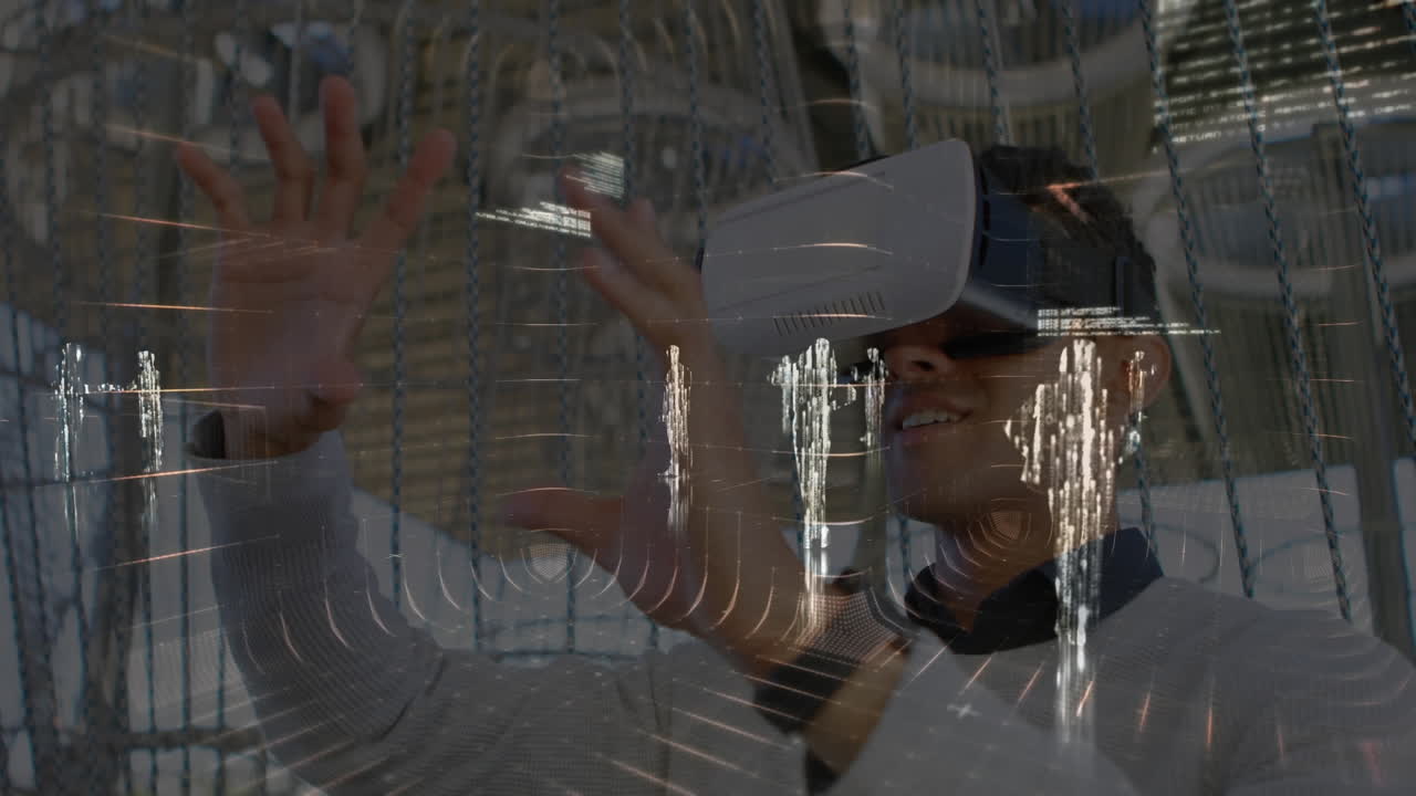 Animation of data processing over man wearing vr headset