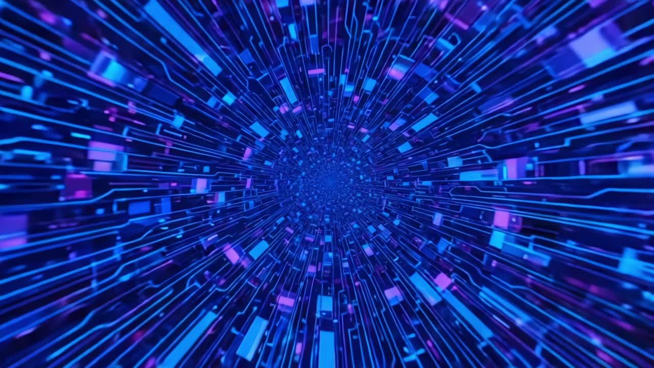 A Dynamic Journey Through a Vibrant Digital Tunnel Filled with Pulsating Neon Lights, Illustrating the Boundless Energy of Modern Technology and Digital Innovation