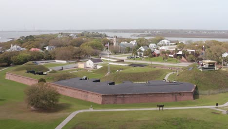 Aerial-panning-close-up-shot-of-historic-Fort-Moultrie-on-Sullivan's-Island,-South-Carolina