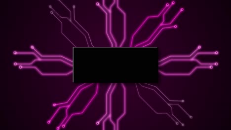 tabla de circuitos tecnología digital futurista animación 3d comunicación en fondo oscuro red electrónica de neón cpu intro títulos cibernéticos computación color rosa magenta