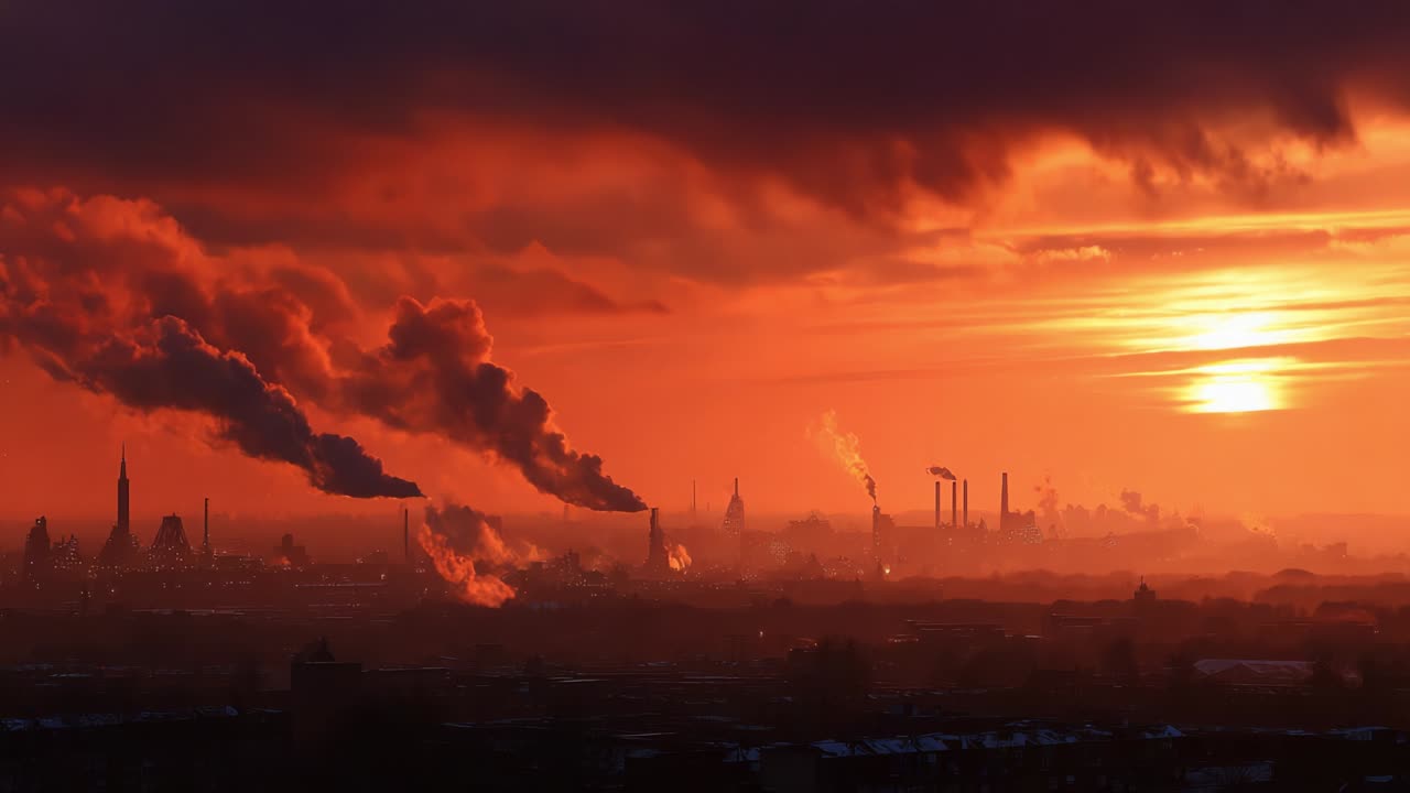A Stunning Dusk in the Industrial Landscape: The Striking Contrast of Pollution Against the Fiery Sunset, Highlighting the Chilling Effects of Industry on Our Environment and the Planet's Atmosphere