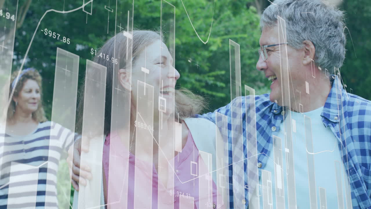 Family leaning on railing outdoors under sunny sky, with animated financial bar graphs floating