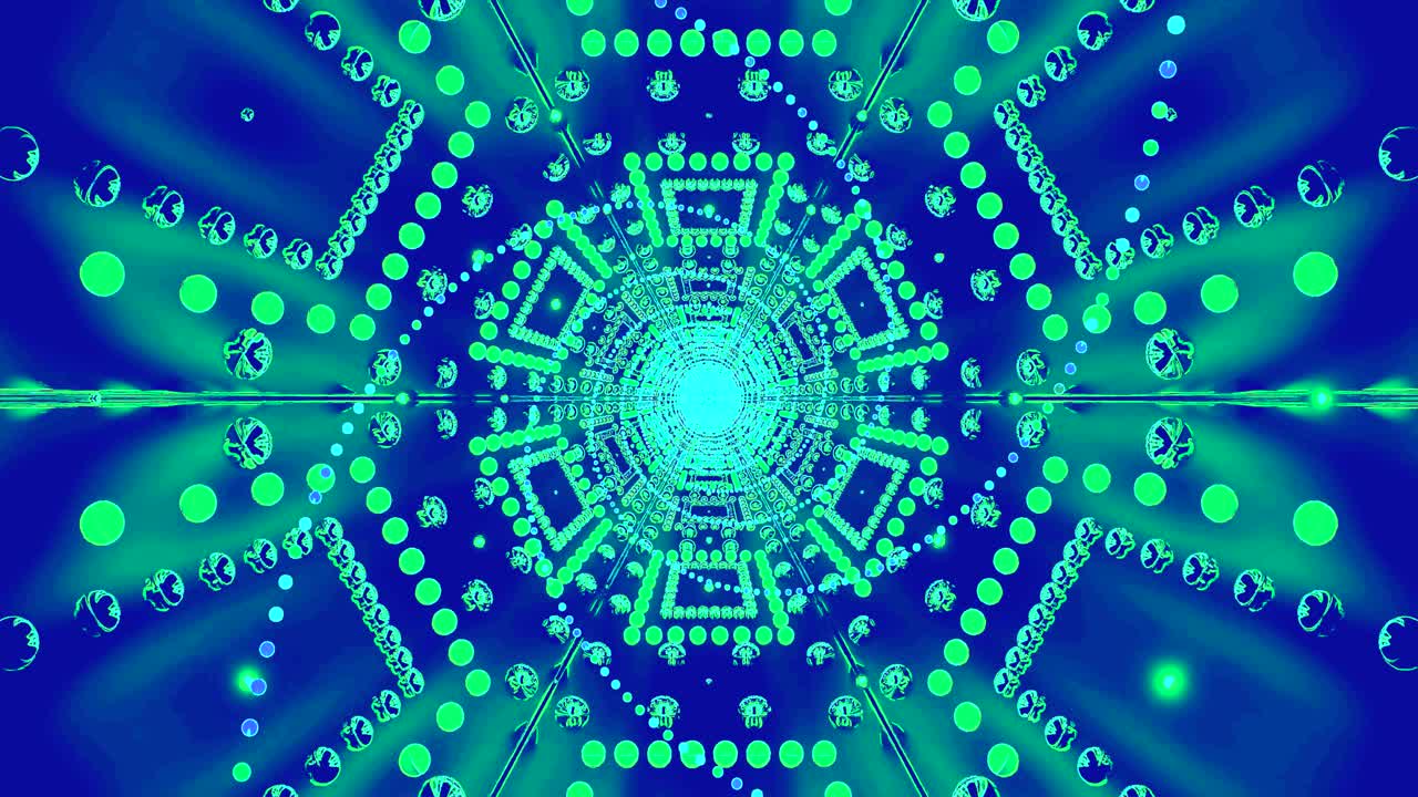 A seamless looping display creates a mesmerizing tunnel of vivid green and blue hues, with animated geometric shapes providing an engaging backdrop suitable for screensavers and visual art