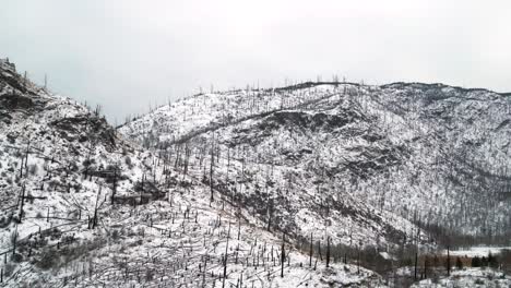 산불의 지속적인 영향: 브리티시 컬럼비아주 캠루프스 근처의 북쪽 톰슨 강 지역에 있는 눈 덮인 산의 회고적 리버스 팬 왼쪽 샷, 황폐화를 보여줍니다.