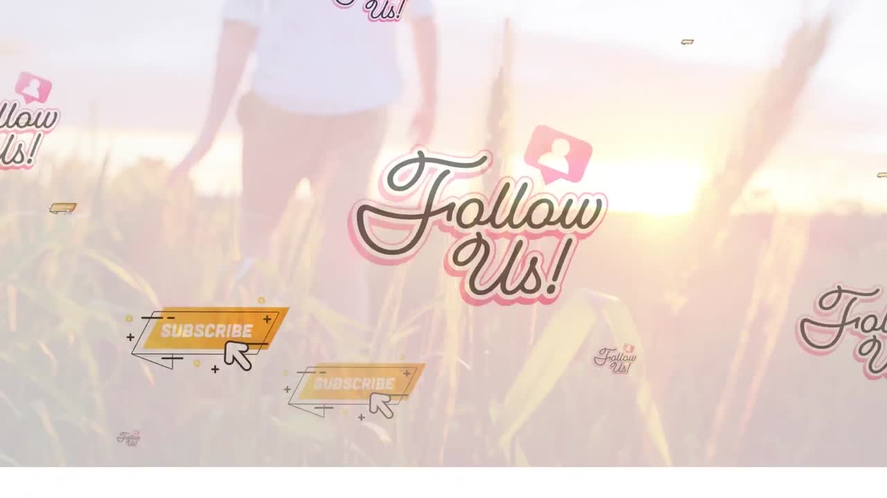 animación de seguirnos texto e iconos sobre el hombre caminando en el prado