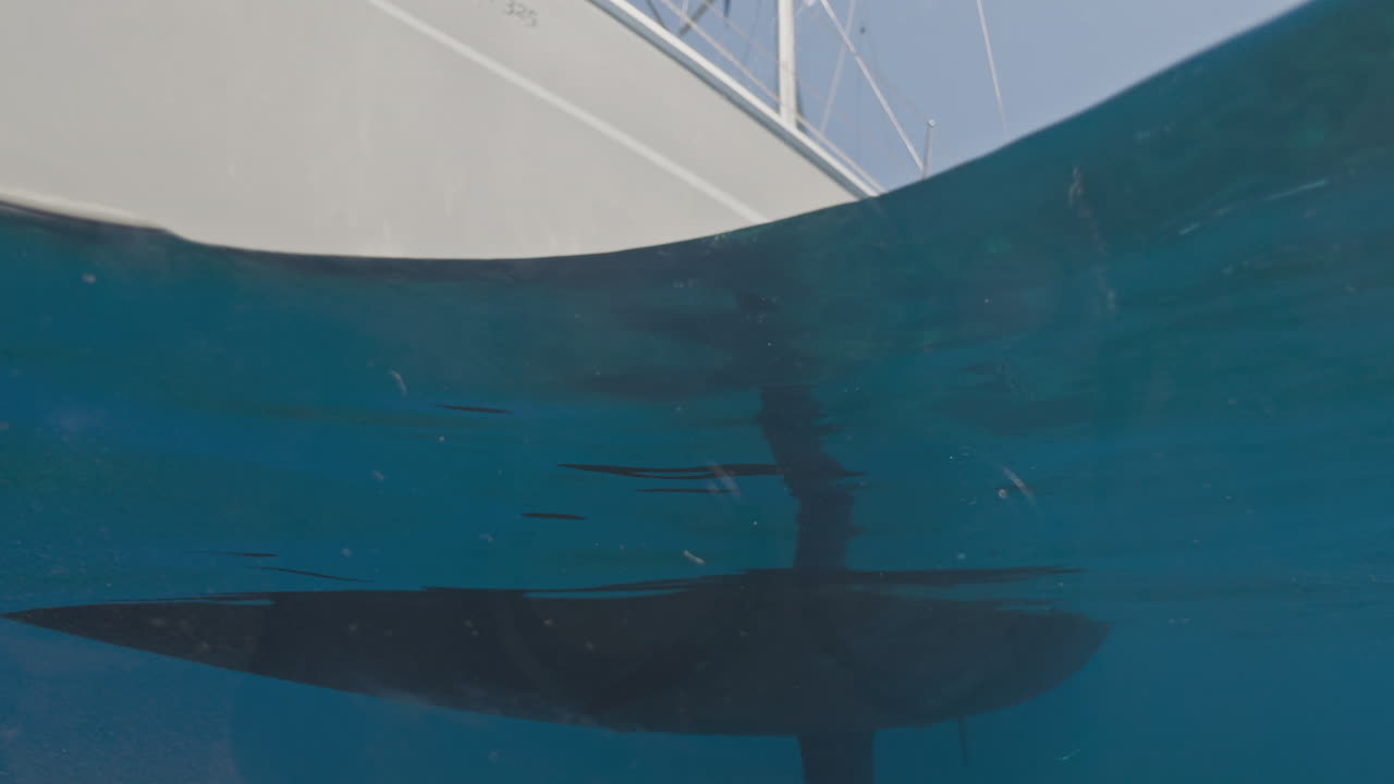 LEFKADA, GREECE - 11 AUGUST 2025 : underwater view looking up to a yacht in lefkada, greece