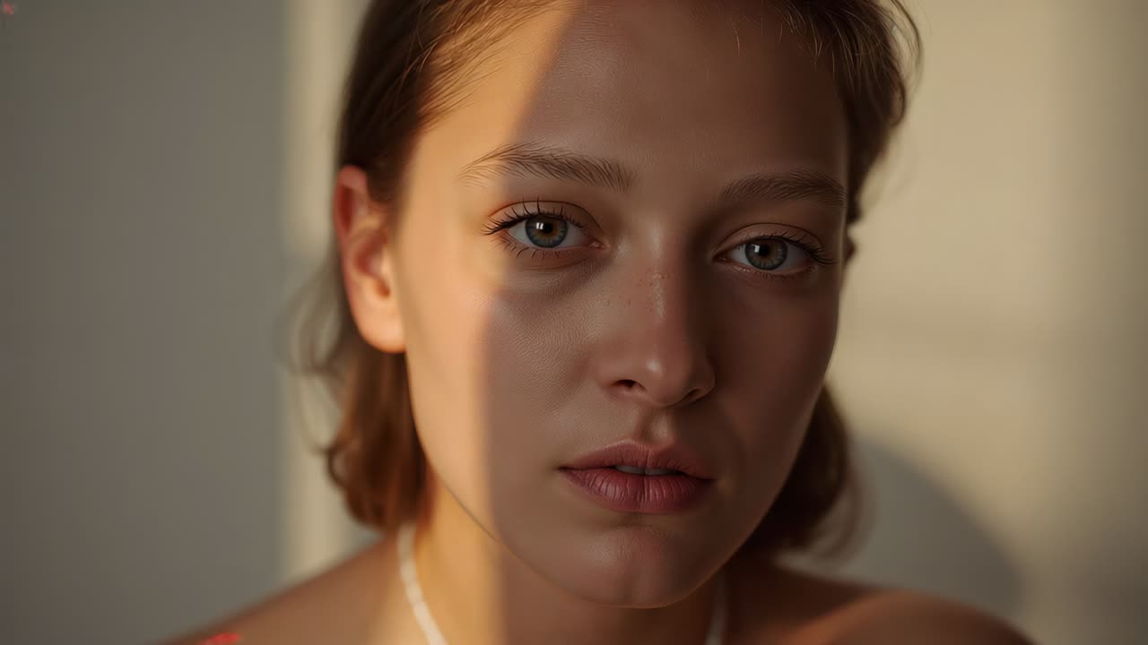Donna che guarda fisso e ammicca in studio, raggio di sole che si sposta sul viso, illuminando la collana e il collo scoperto