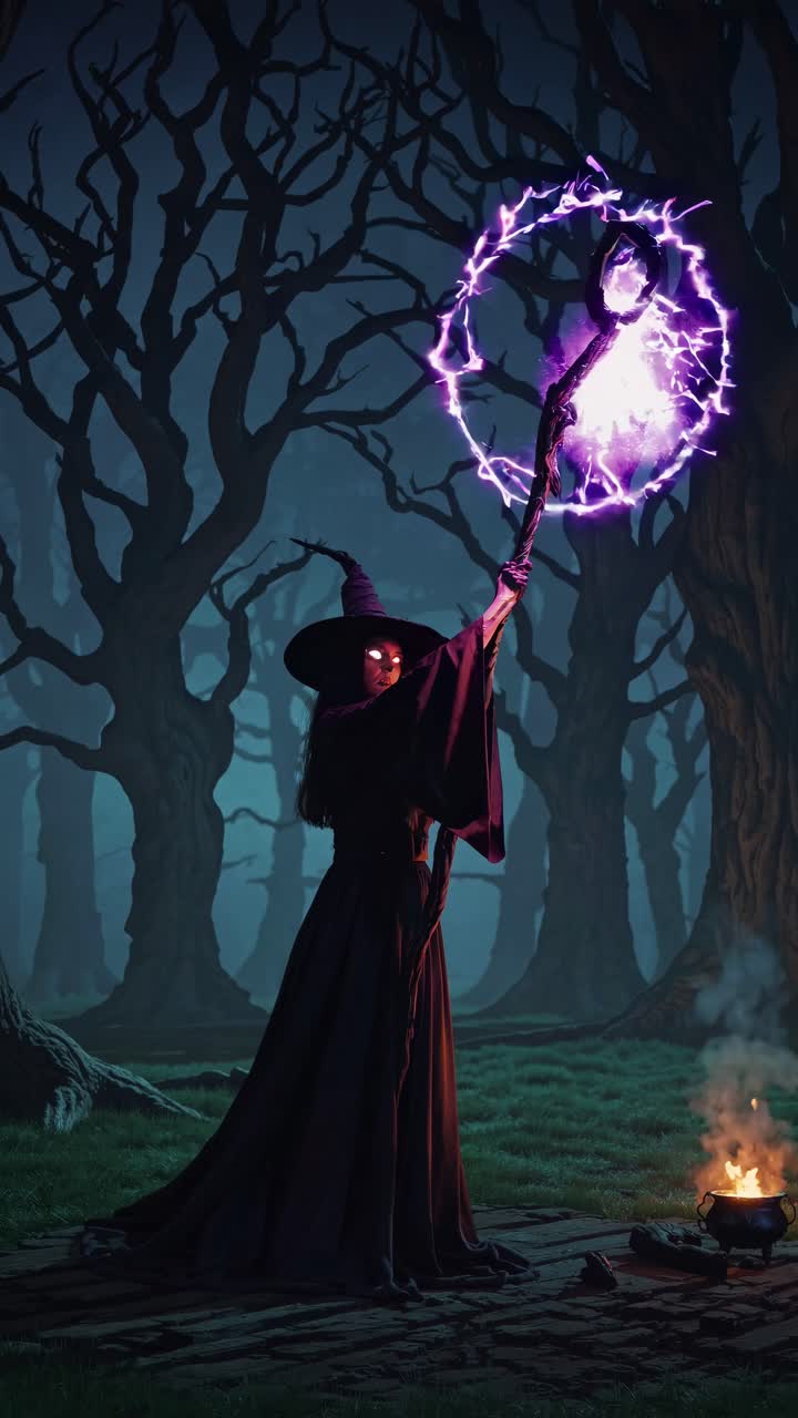 A mysterious witch in a dark forest, shot from a low angle. Her glowing eyes and eerie staff