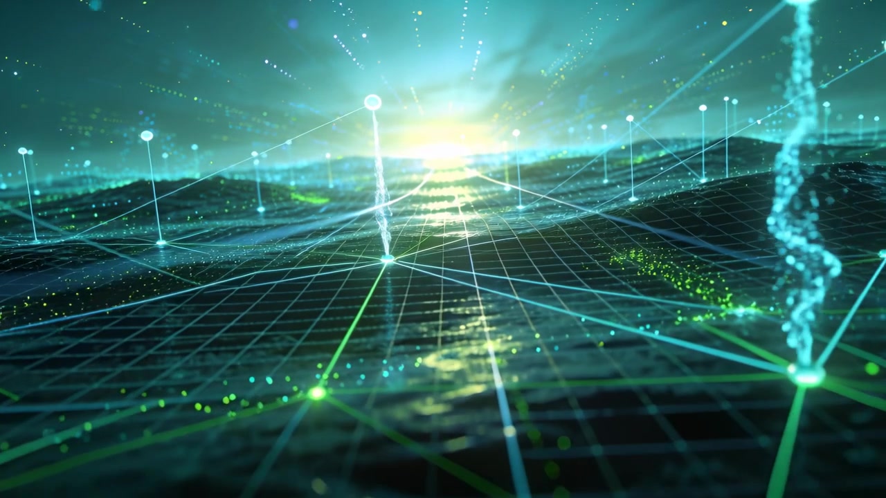 Evolving mesh in digital field reacting to lit horizon, sending rising node columns toward camera