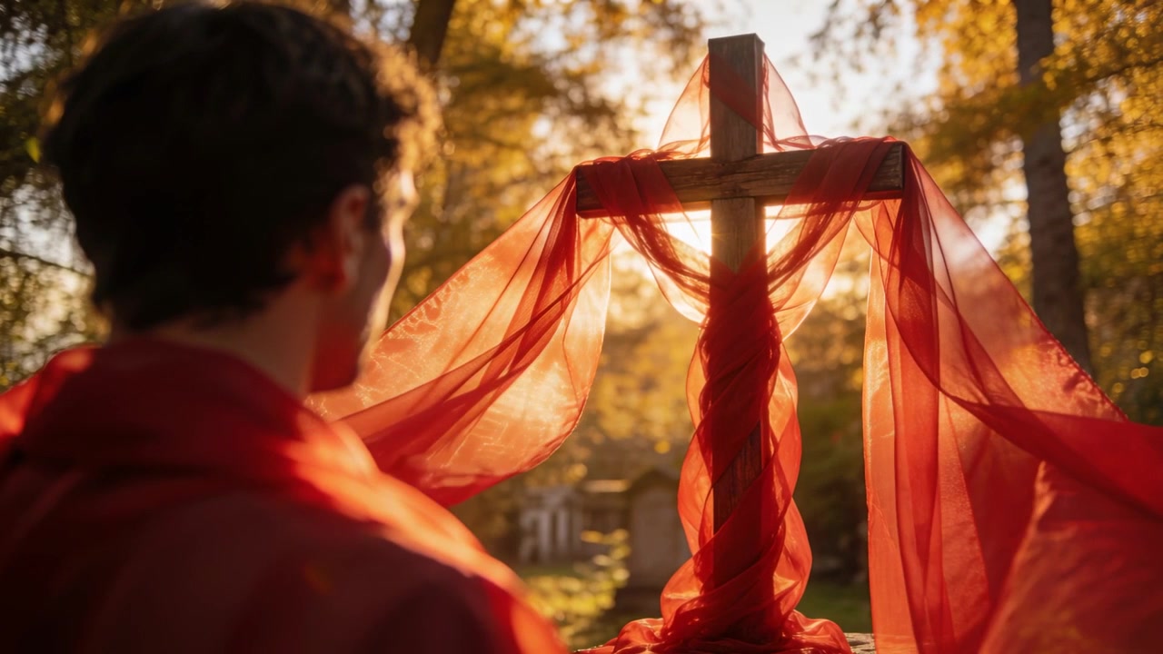 Uomo adulto in piedi di fronte a una croce di legno nel bosco, con il sole che lo retroillumina e la brezza che fa ondeggiare un tessuto rosso.