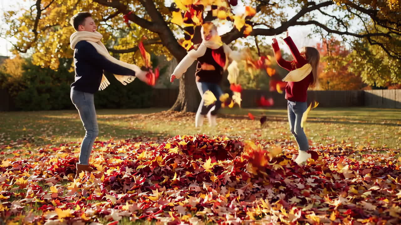 Kids Playing in a Pile of Autumn Leaves