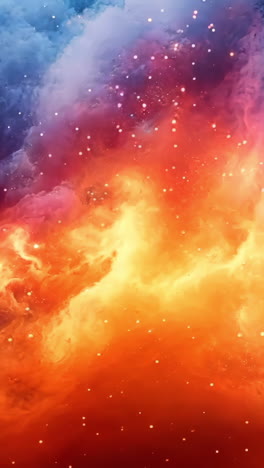 a colorful cloud with orange and blue swirls. the clouds are filled with stars and the sky is dark