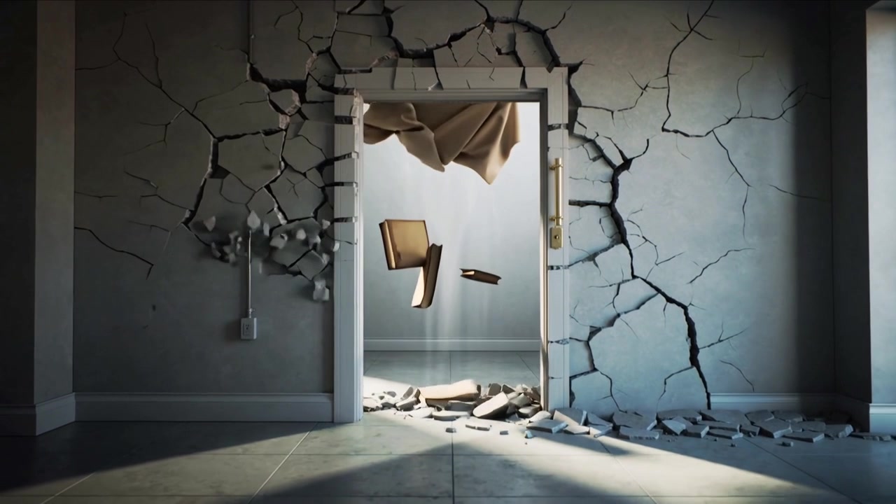 Opening white door widening cracks letting books blanket and rubble spill through from bright room