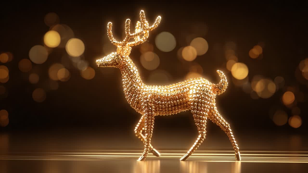 A Stunning Golden Deer Sculpture Made of Glittering Particles, Captured in Mesmerizing Light Against a Sparkling Background, Showcasing Elegance and Craftsmanship