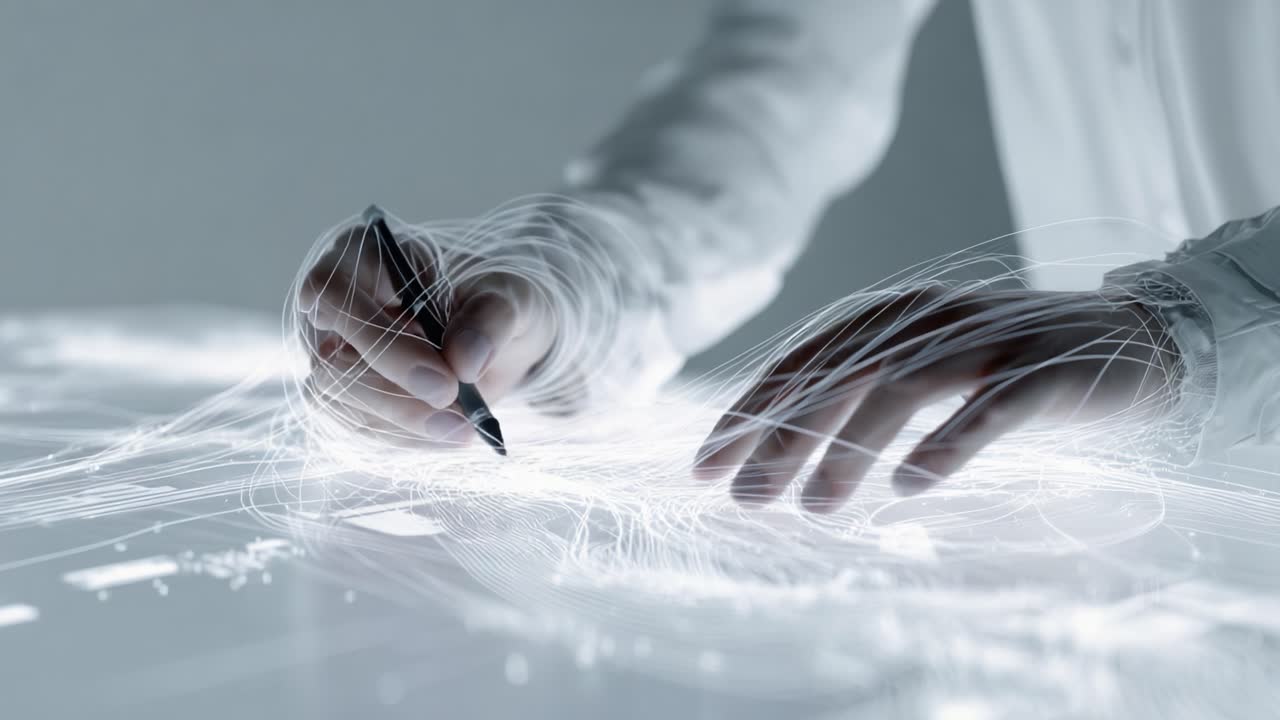 An Innovative Hands-On Approach to Digital Creation: A Creative Individual Skillfully Sketches with a Pen on a Dynamic, Luminous Surface Filled with Intricate, Flowing Patterns and Light Trails