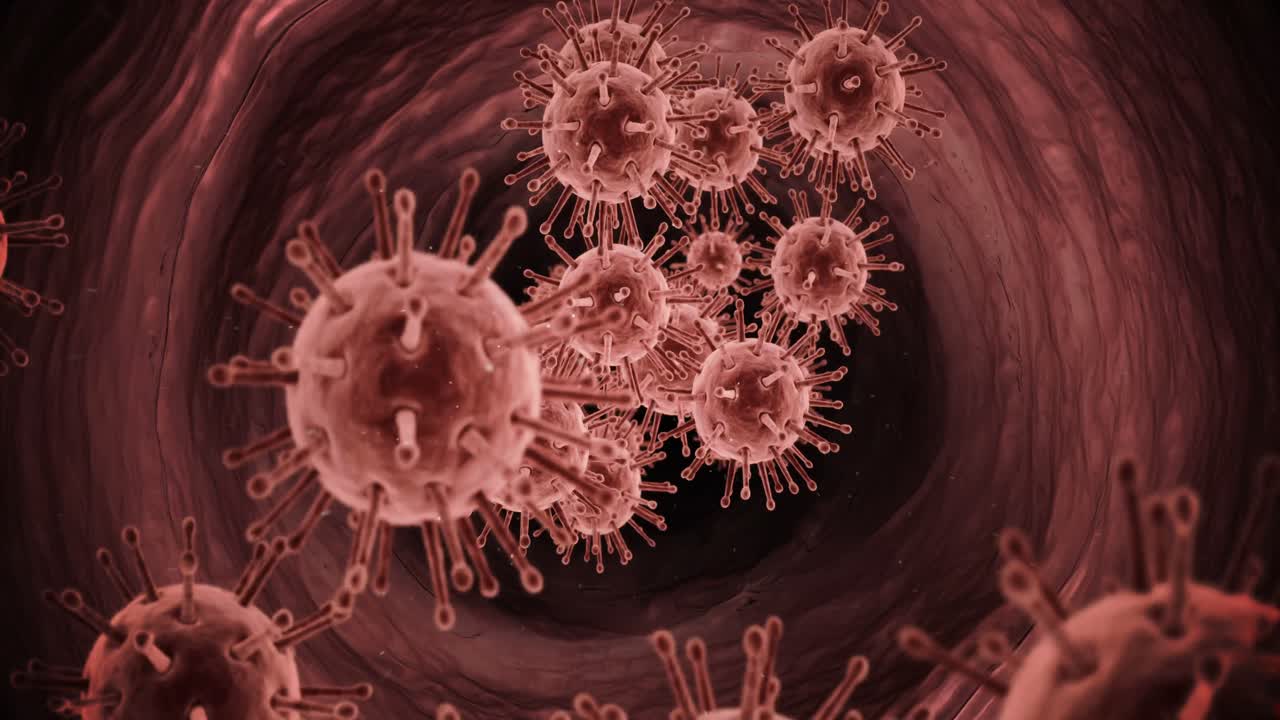 디지털로 생성된 바이러스 세포가 동맥을 흐르고 있습니다.