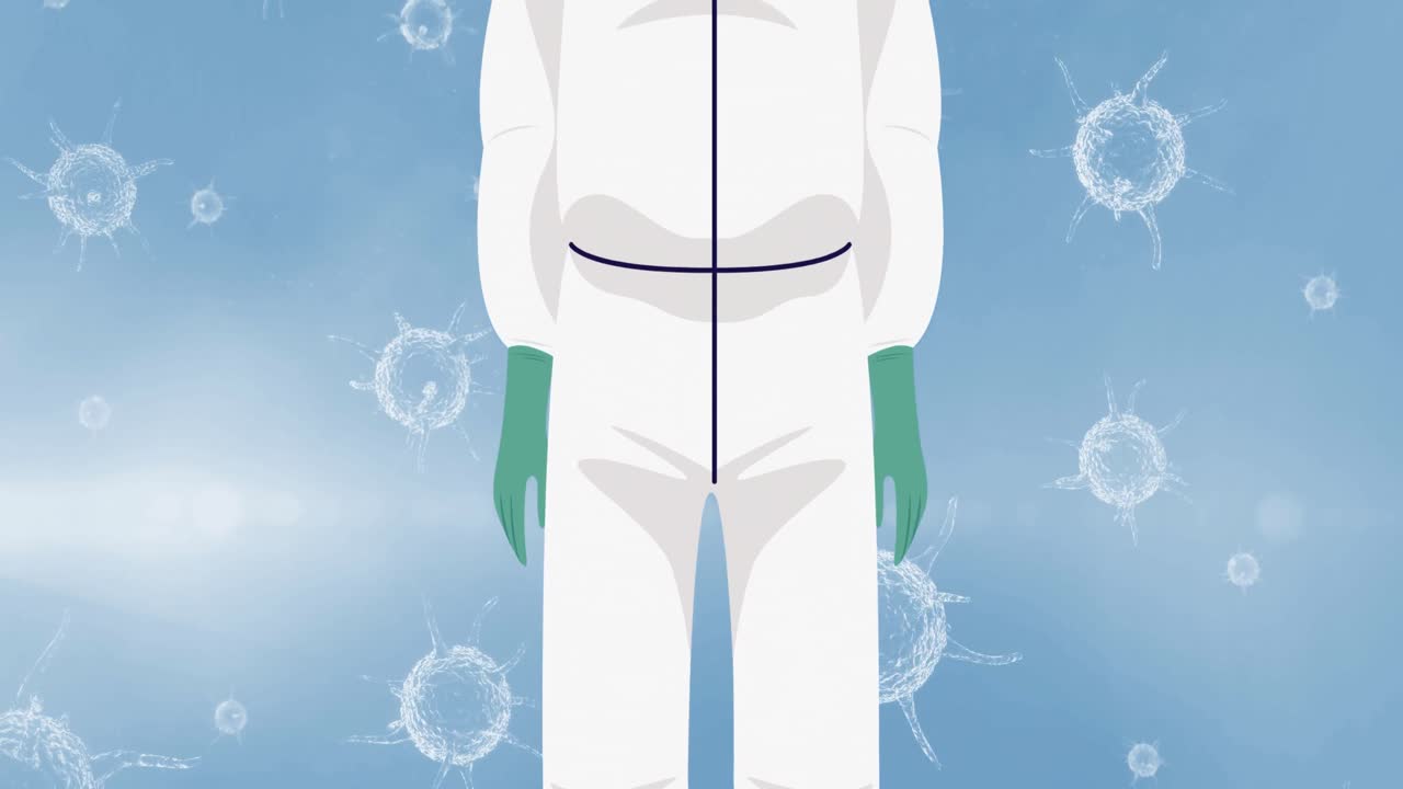 푸른 배경에 코로나19 바이러스 세포 위에 마스크를 쓰고 있는 의사의 애니메이션