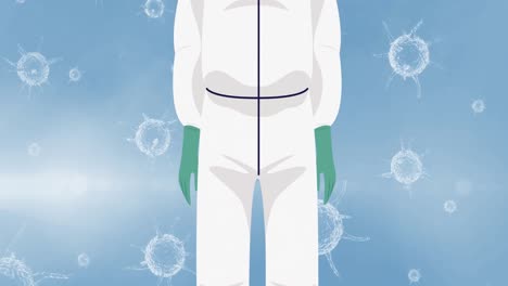 animation of doctor wearing face mask icon over covid 19 virus cells on blue background