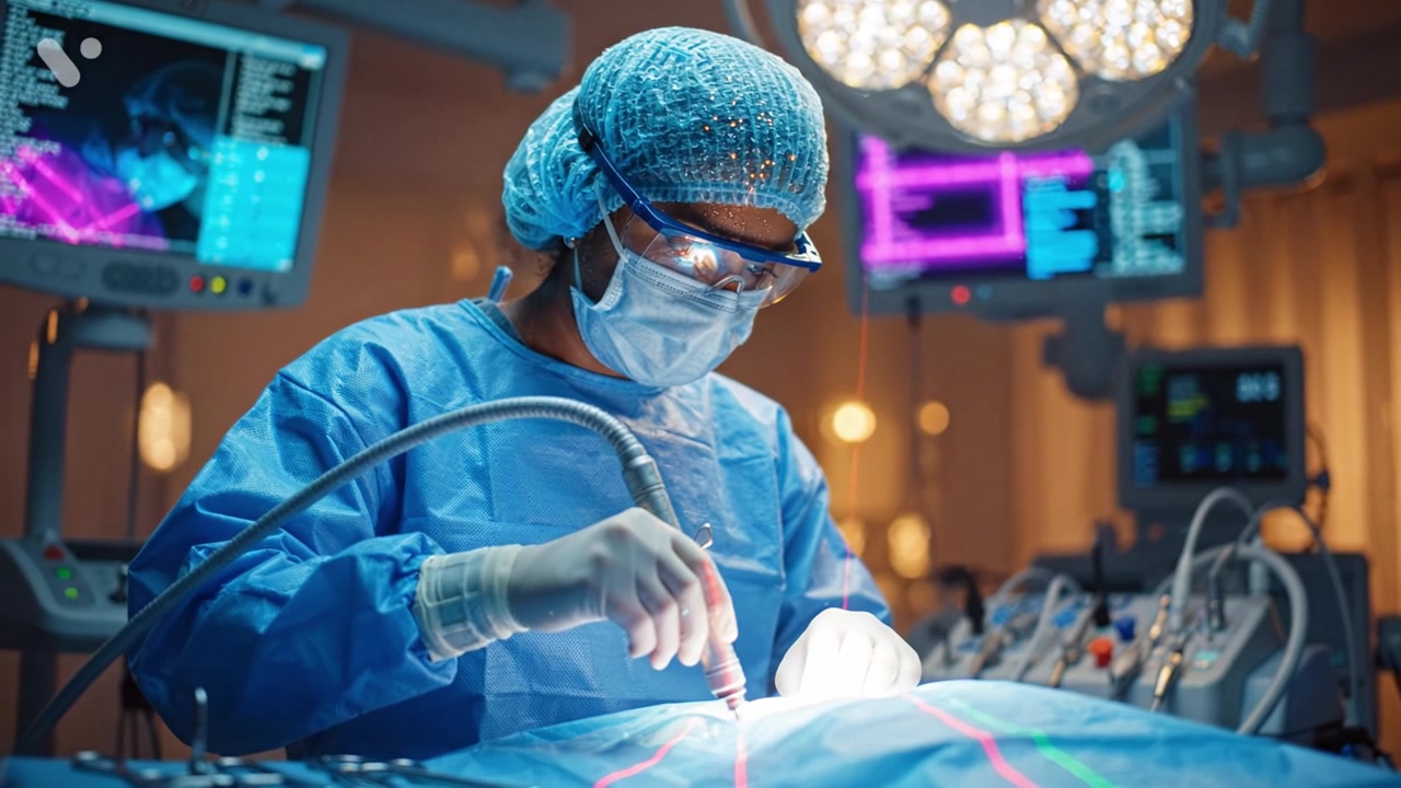 Surgeon Performing Precision Surgery Under Advanced Medical Technology in an Operating Room During a Complex Surgical Procedure.