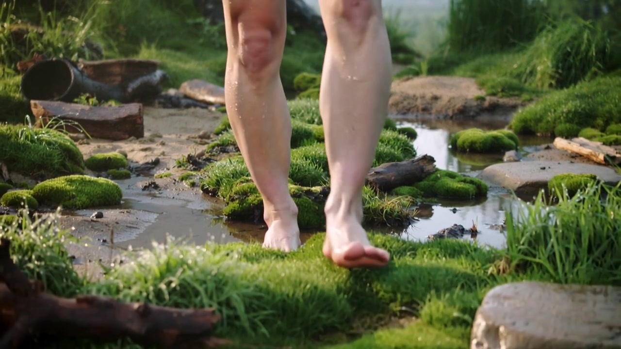 Walking man entering frame and stepping across mossy wetland, barefoot near rusted pipe