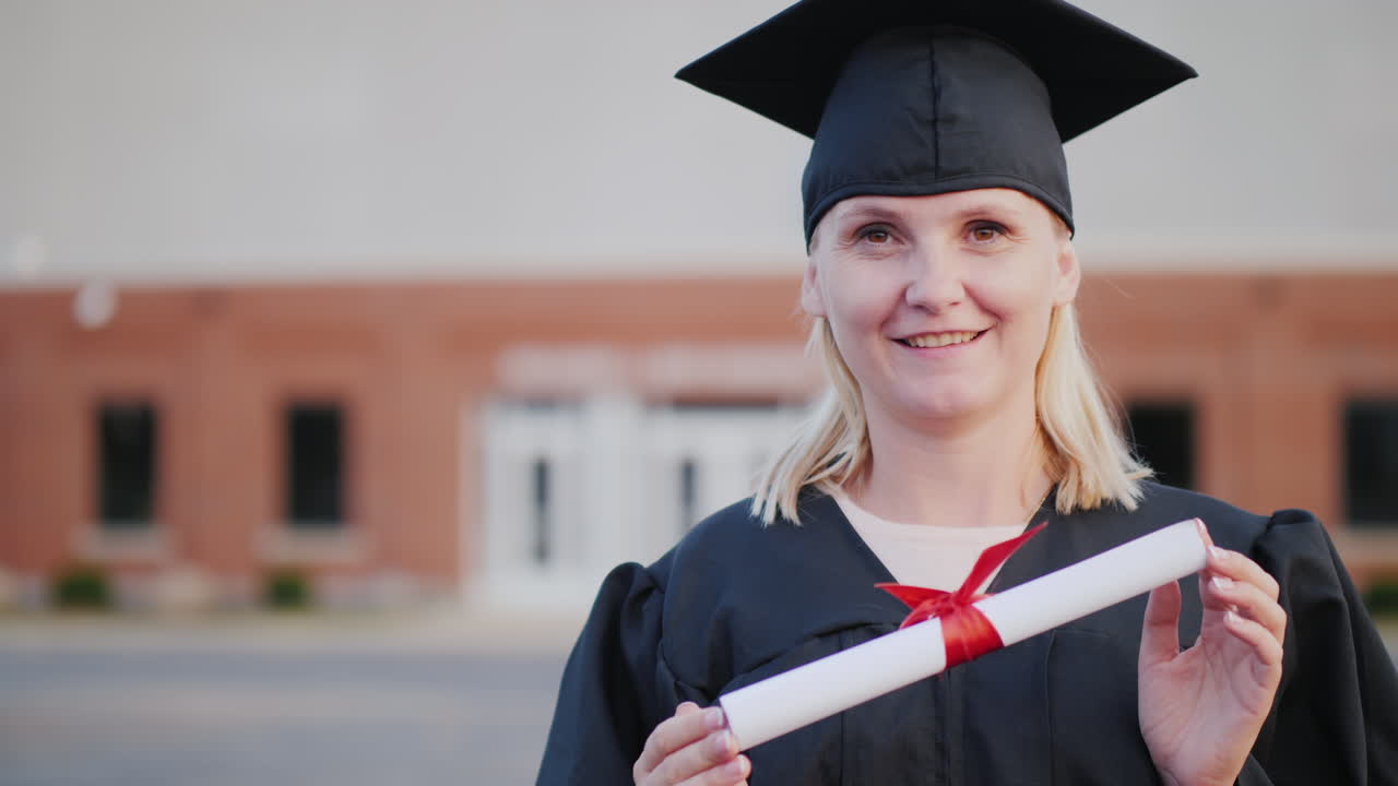 retrato de una graduada con gorra y manto en el fondo de un edificio universitario
