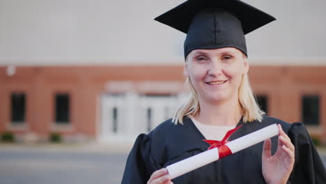 retrato de una graduada con gorra y manto en el fondo de un edificio universitario