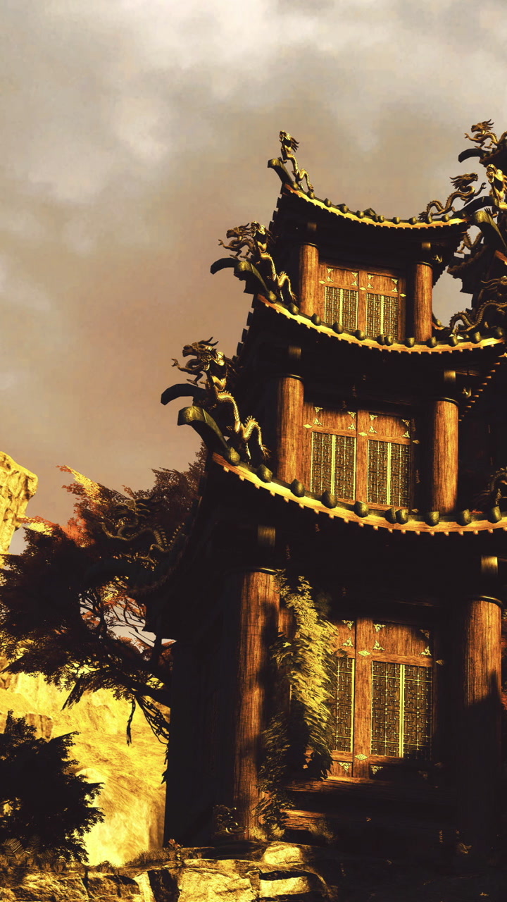 Ancient temple rises by a serene sunset in a tranquil landscape