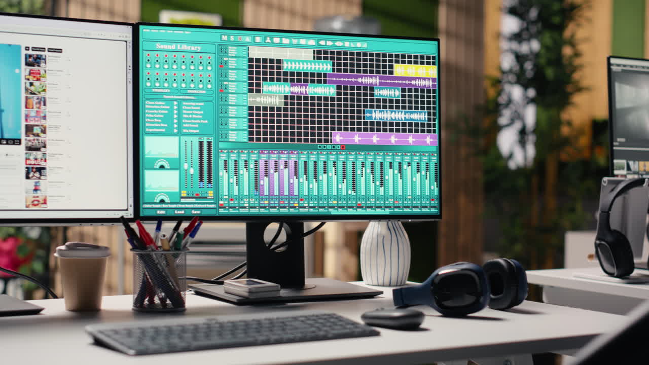 Empty office set up as music production studio with audio editing software