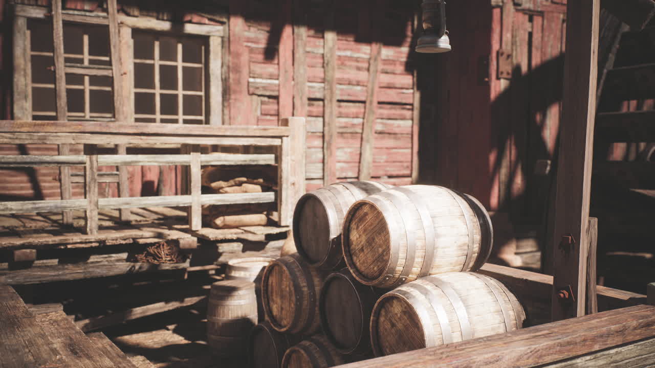 Wooden barrels stacked inside an old rustic barn during daylight hours