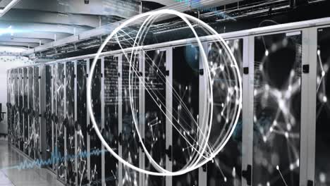 animation of circles spinning, connections and data processing over computer servers