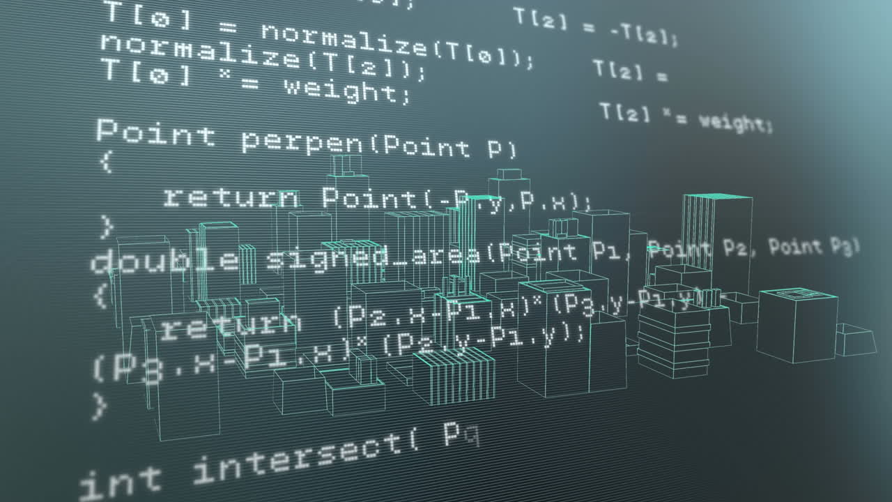 animatie van digitale gegevensverwerking over 3d cityscape spinning