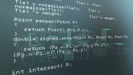 animation of digital data processing over 3d cityscape spinning