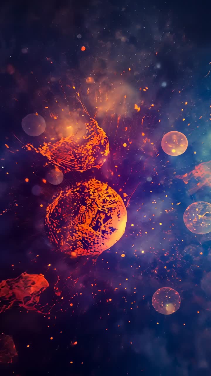Vertical video: Emitting top orb sending sparks, two molten orbs pulsing in space, bubbles drifting
