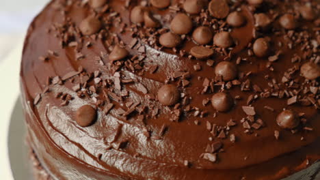 macro shot of sweet choco fudge cake topped with chocolate chips and bits