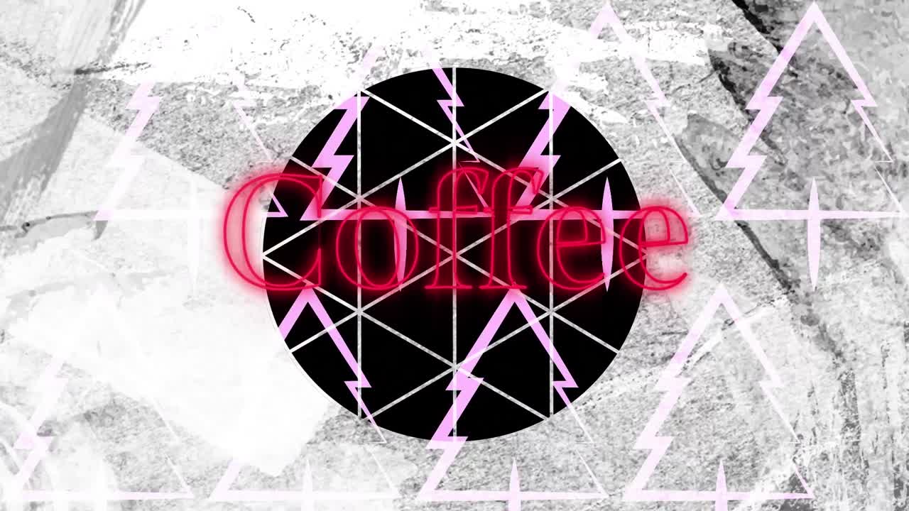 ⁇ 은 네온으로 된 커피 텍스트와 분홍색 크리스마스 트리 위의 더러운  ⁇  종이로 된 원의 애니메이션