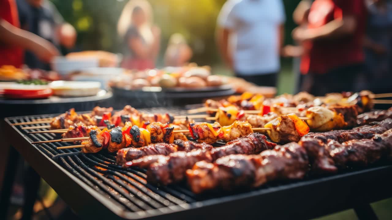 A vibrant, close-up video of a barbecue grill with skewers sizzling