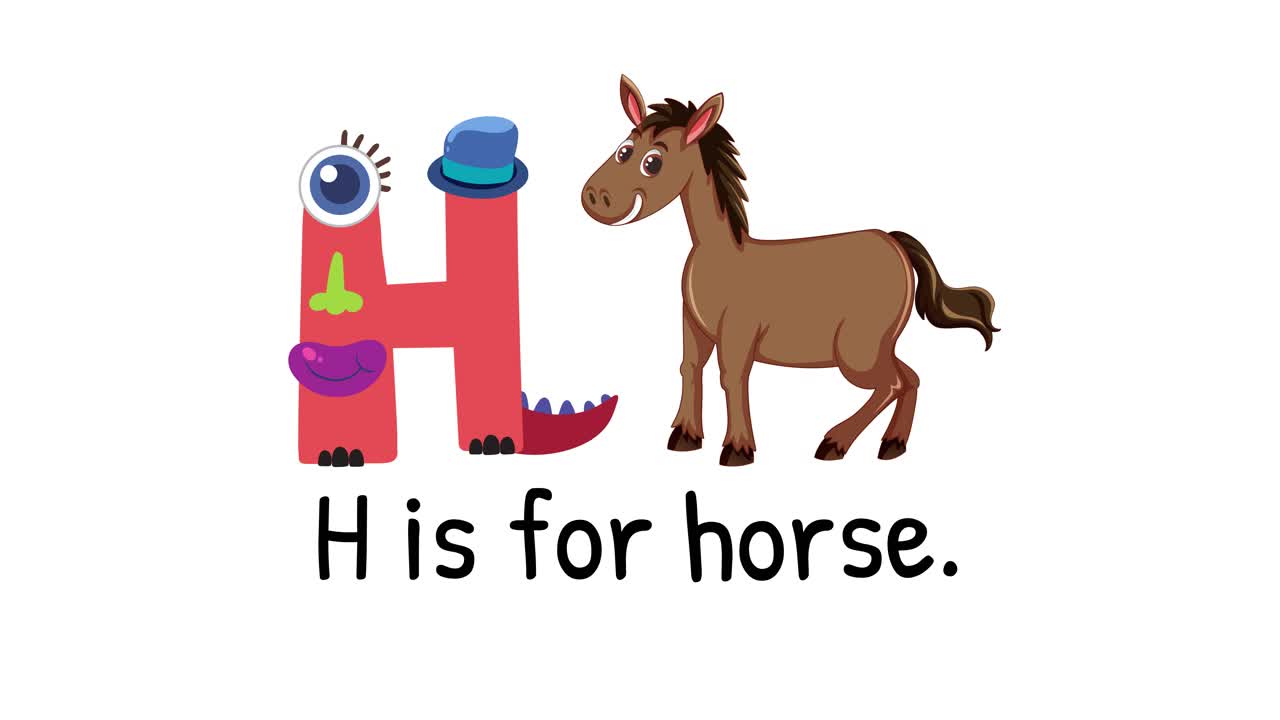 Colorful animation introducing the letter H with a playful horse illustration. Engaging and educational for children