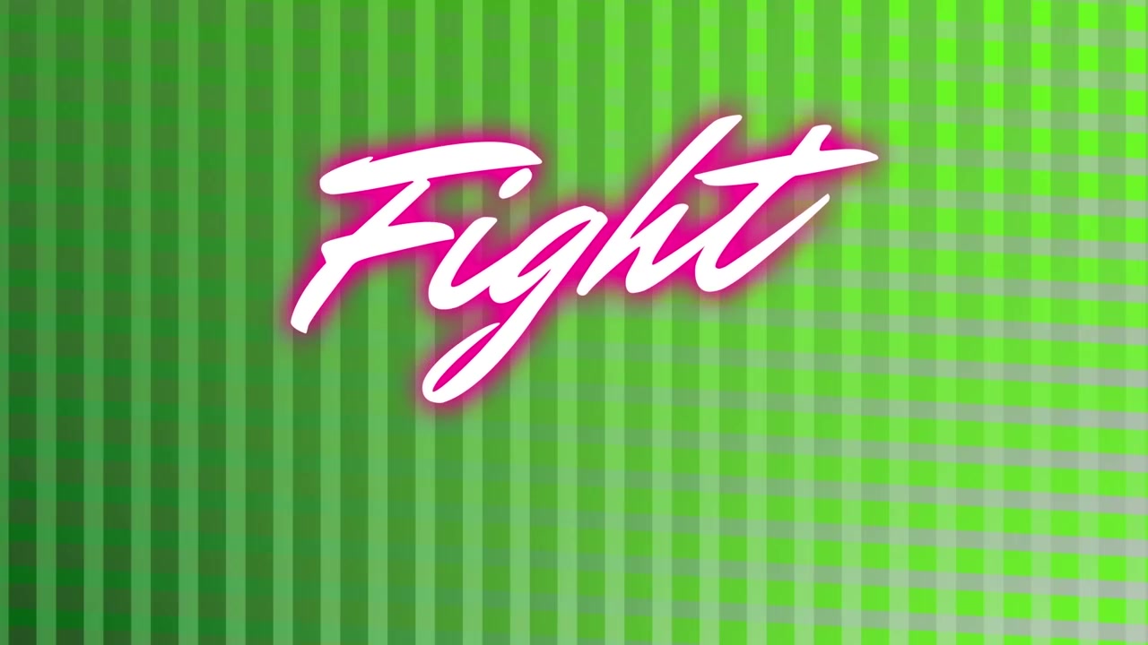 Animazione del testo 'fight' su strisce, su sfondo verde.