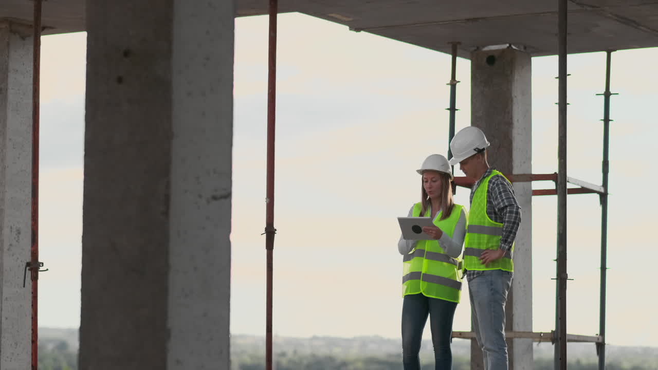 trabajador de la construcción hombre y arquitecto mujer en un casco discutir el plan de construcción de la casa hablar el uno al otro sobre el diseño sosteniendo una tableta mirar los dibujos fondo de los rayos del sol.