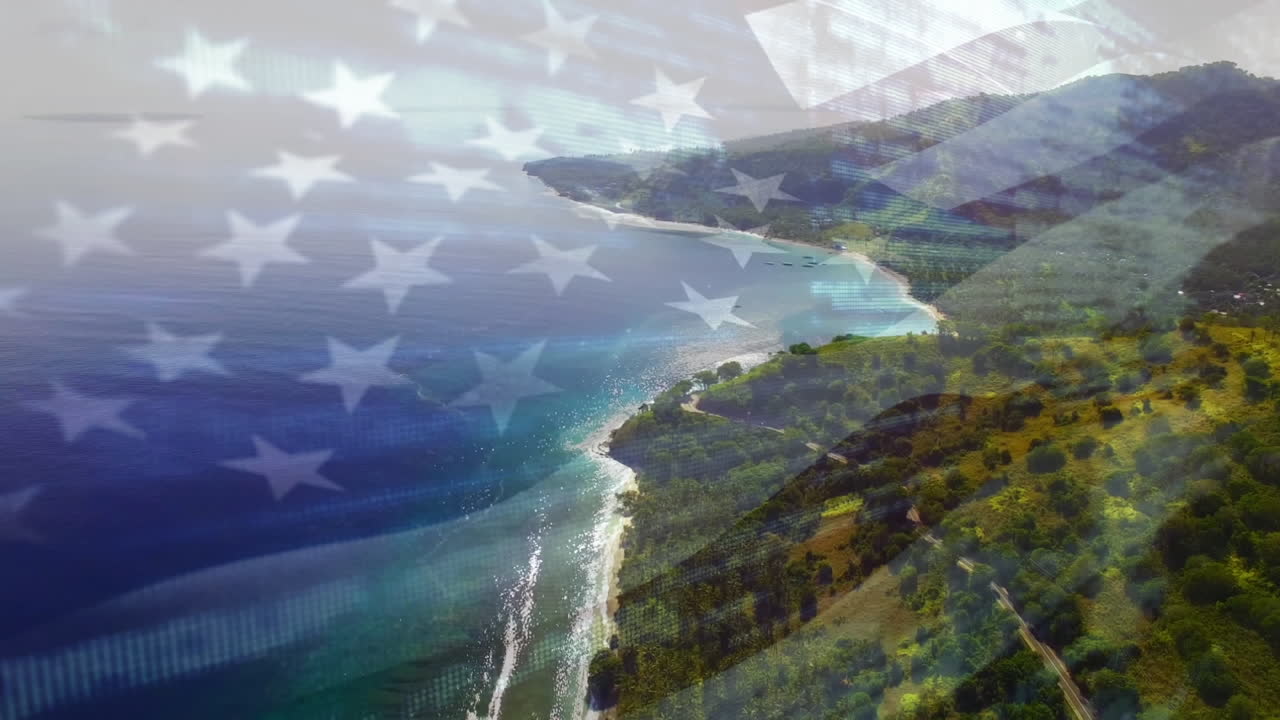 해변 해양 풍경 위에서 날아다니는 미국 국기의 애니메이션