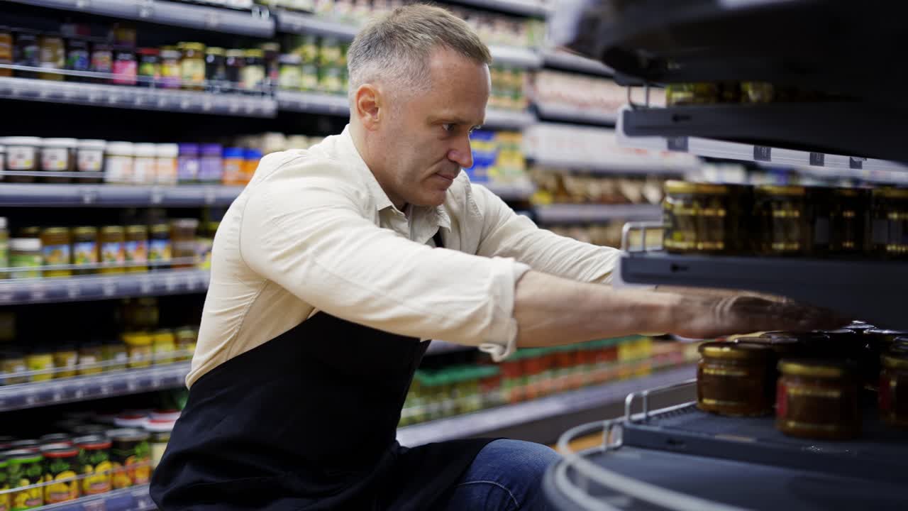 중년의 식료품 가게 직원이 선반에 상품을 배치하는 것을 통제합니다. 상품 통제.