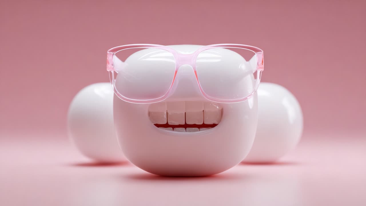 A playful, animated character features a smiling face with bright white teeth and trendy pink glasses against a soft pink backdrop, exuding joy and whimsy in a delightful scene