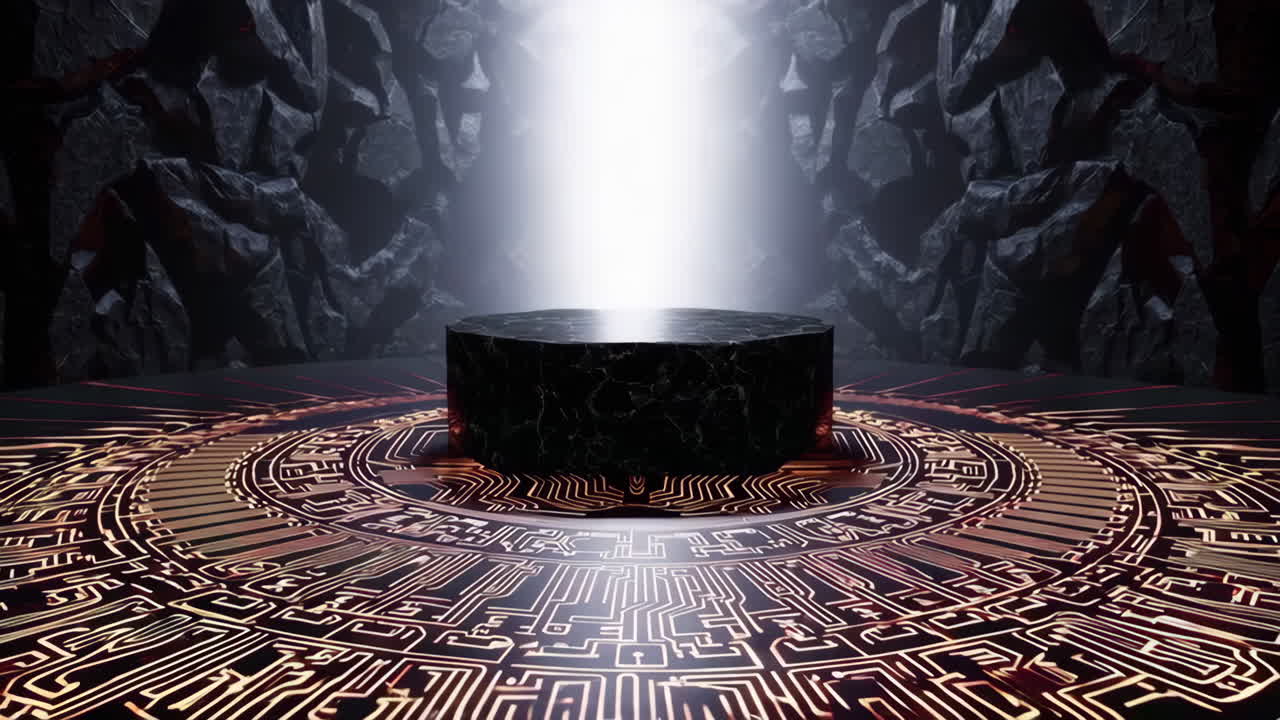 Dark Futuristic Marble Podium with Circuit Board Design