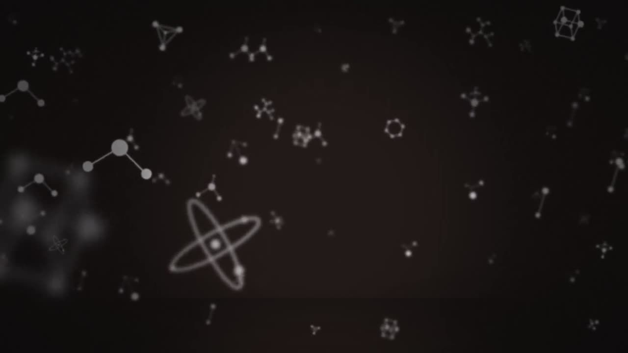 검은색 바탕에 움직이는  ⁇ 색 분자의 애니메이션