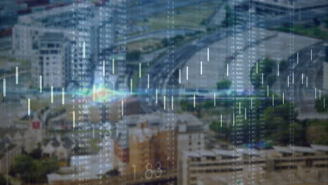 animation of financial data processing over cityscape