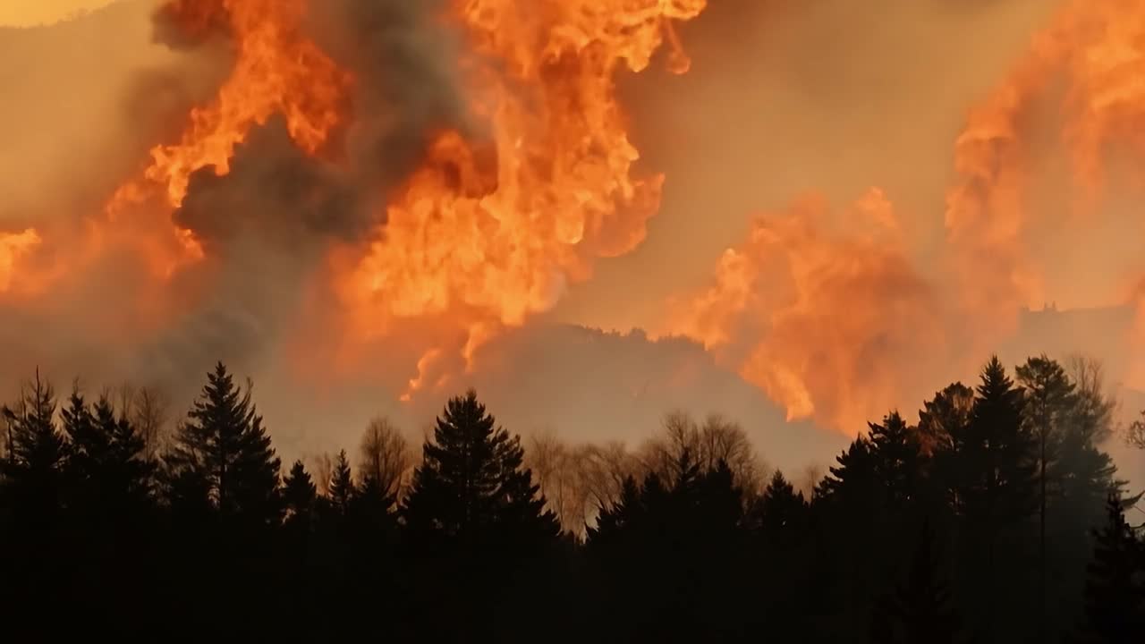 un intenso incendio se extiende a través de un denso bosque al atardecer, con enormes llamas y un fuerte humo envolviendo árboles en una escena dramática