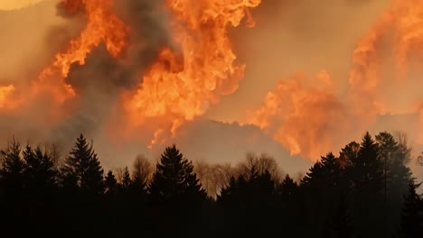 intense wildfire spreading through a dense forest at sunset, with massive flames and heavy smoke engulfing trees in a dramatic scene