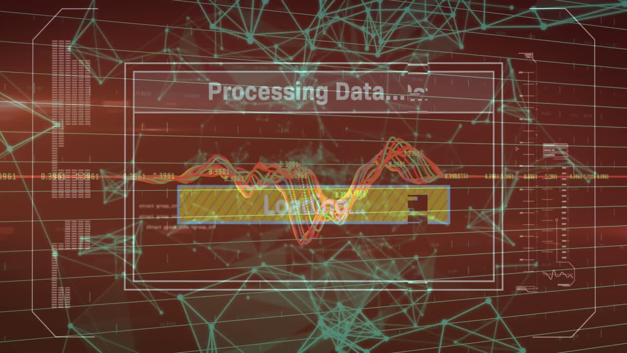 Animation of data processing over black background with connections